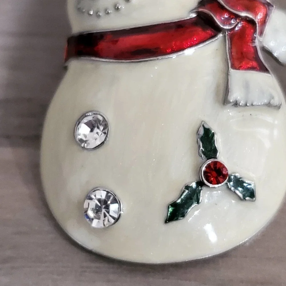 Christmas Snowman with Rhinestone Accents and Mistletoe Brooch